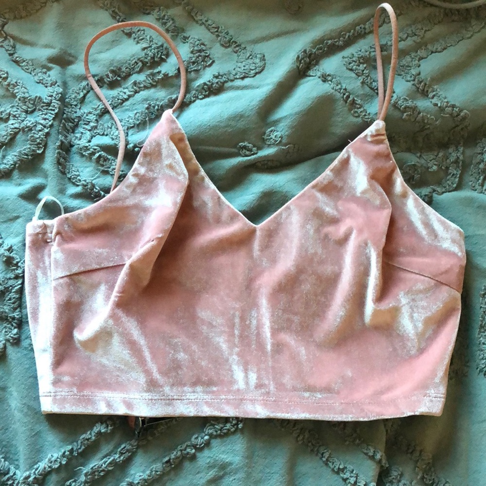 very cropped pink velvet top with spaghetti straps